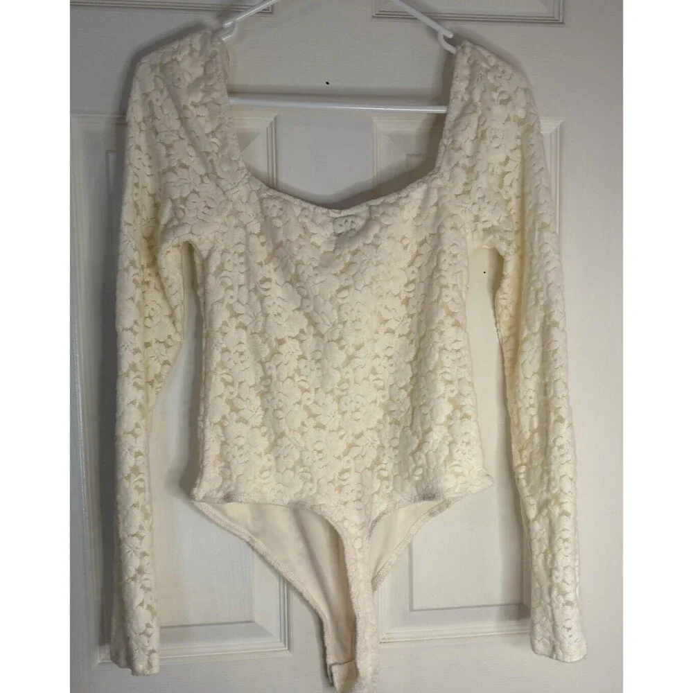 Wild Fable Cream Beige Floral Lace Square Neck Bodysuit Sze S 0445 Romantic - Picture 1 of 6